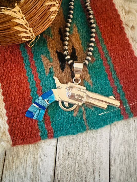 Navajo Sterling Silver & Turquoise Inlay Pistol Pendant