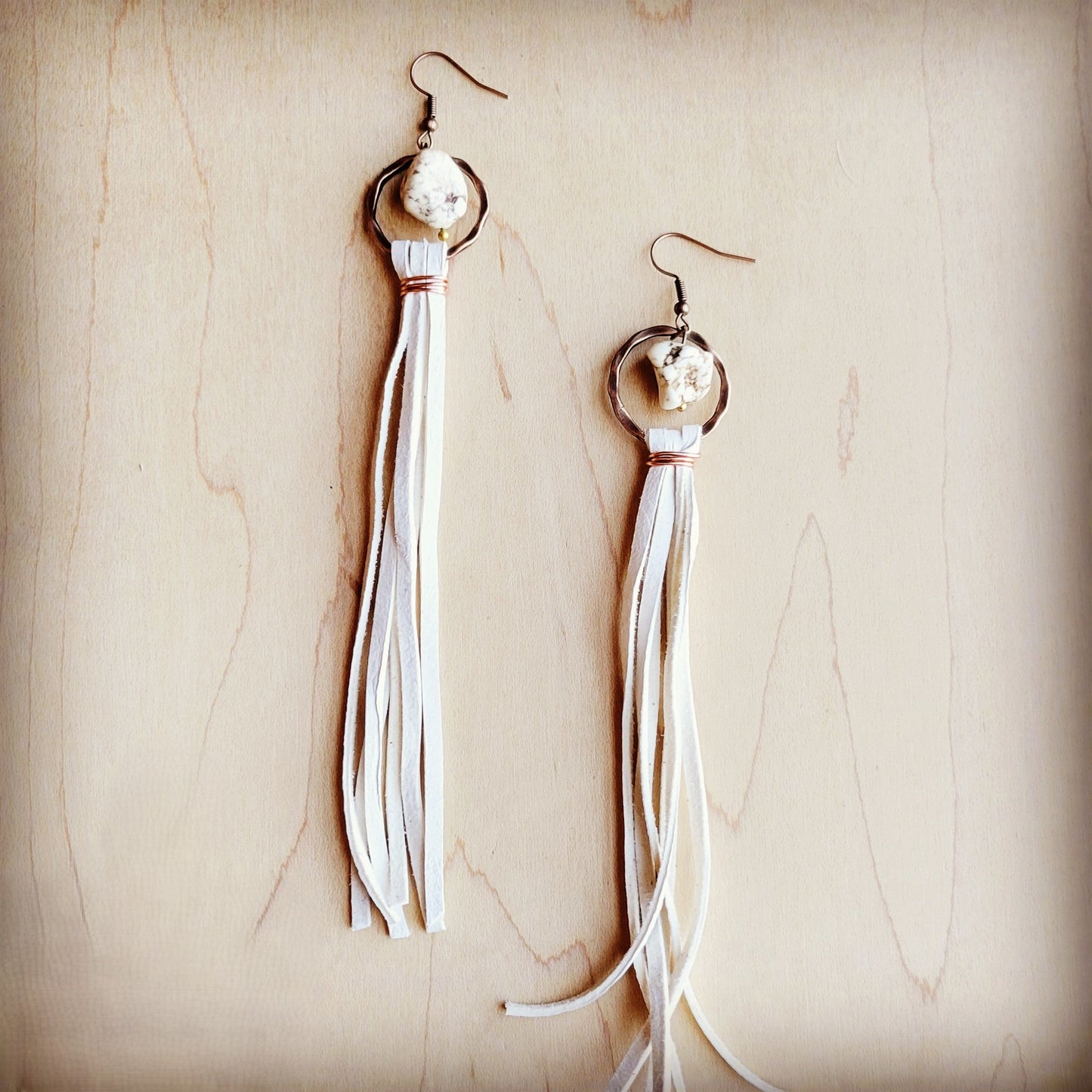 Turquoise Drop Earrings w/ Cream Leather Tassel 207v