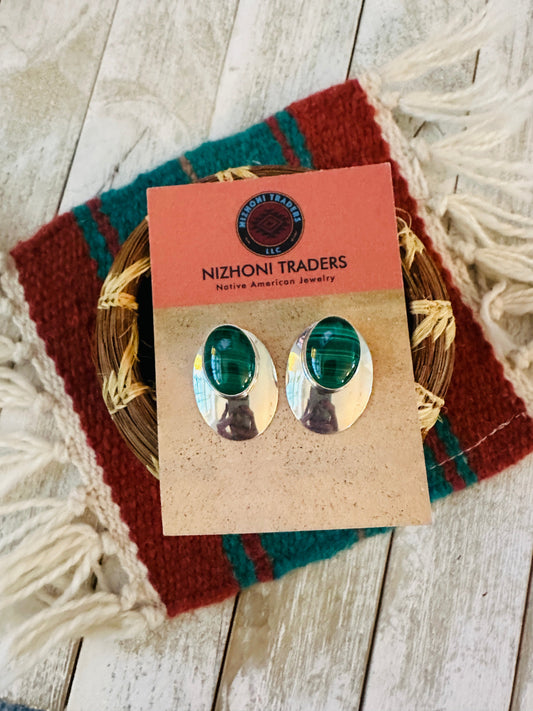 Navajo Malachite & Sterling Silver Post Earrings