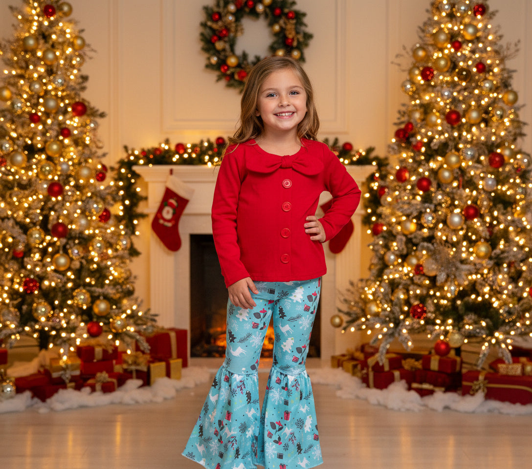 Girls' Christmas Bell Bottom Set: Red Bow Top & Reindeer Flare Pants