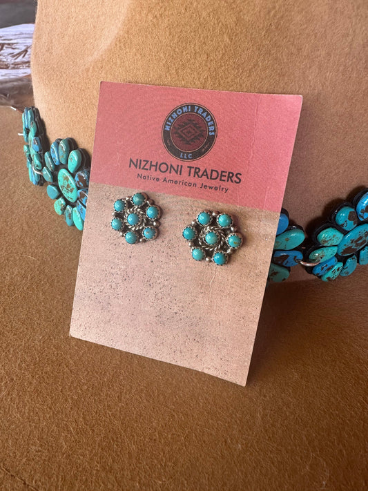 Handcrafted Turquoise And Sterling Silver 7 Stone Flower Post Earrings