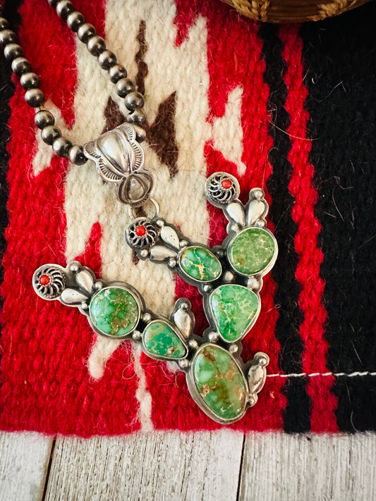Navajo Turquoise, Coral and Sterling Silver Cactus Pendant by Charles Johnson