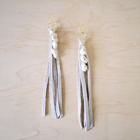 Leather Fringe Earrings with Turquoise Chunks Metallic 224r