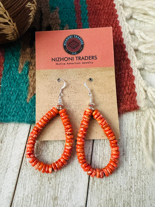 Handcrafted Orange Spiny & Sterling Silver Beaded Dangle Hoop Earrings