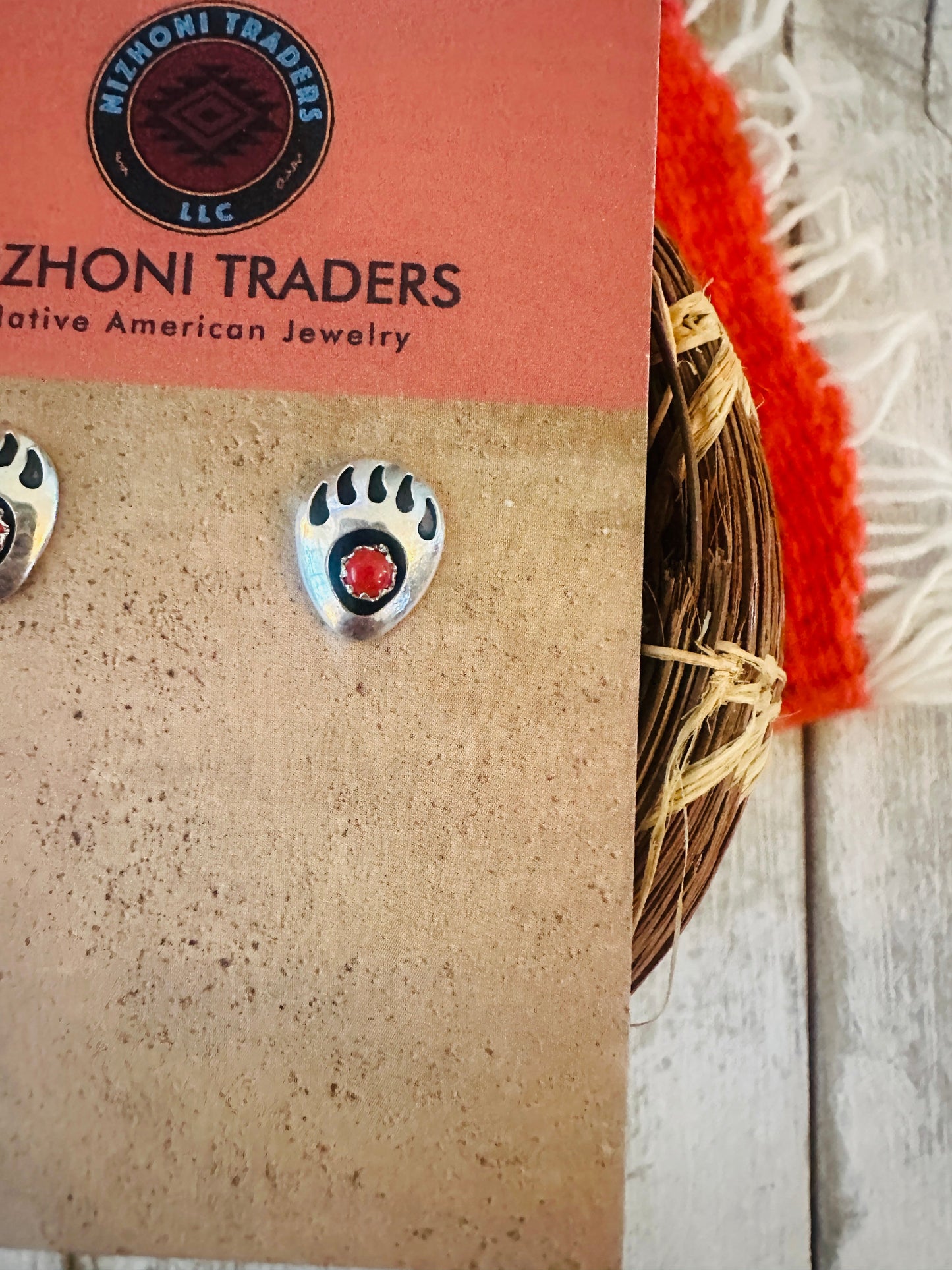 Navajo Coral & Sterling Silver Bear Paw Stud Earrings
