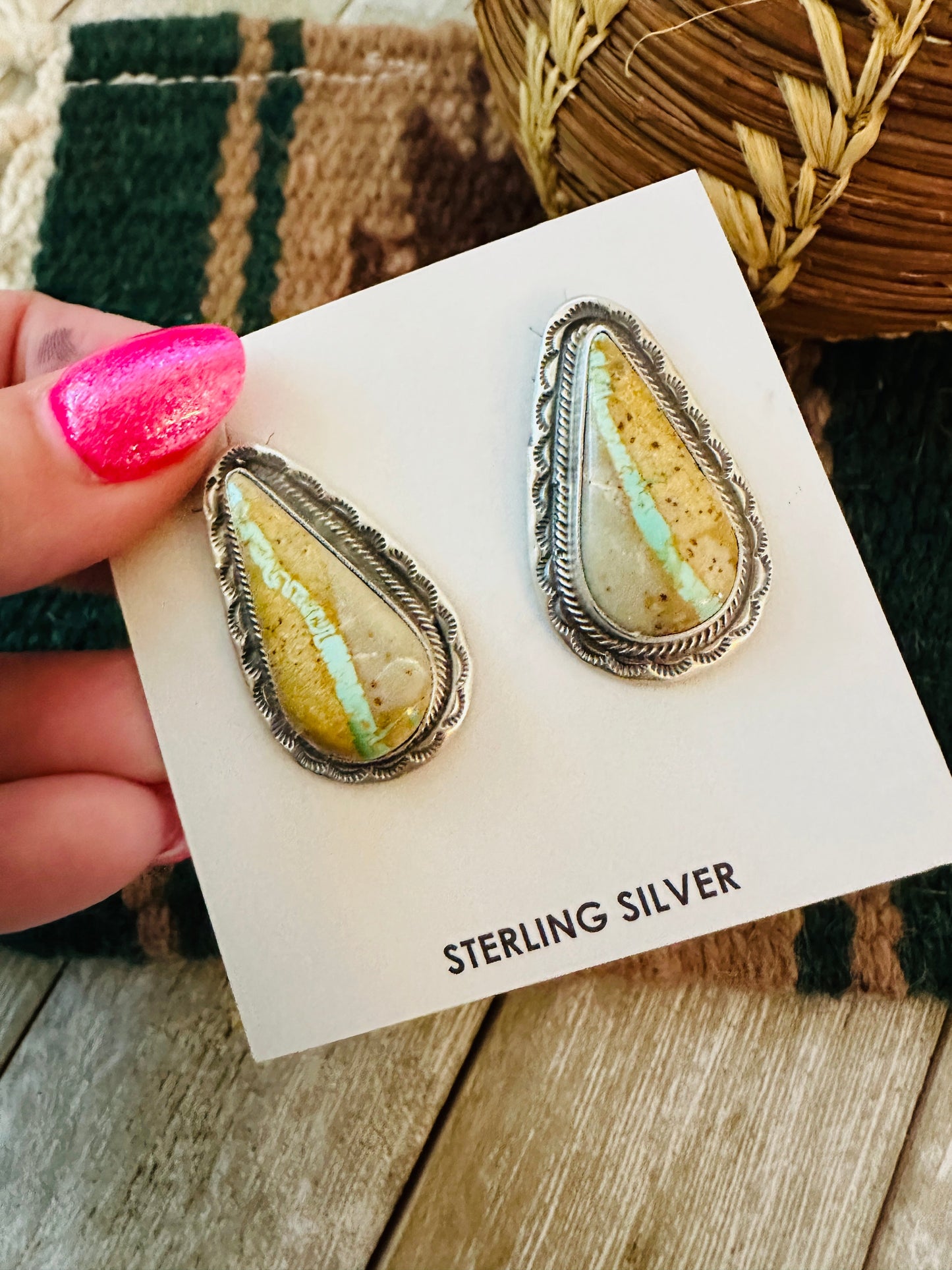 Navajo Sterling Silver & Ribbon Turquoise Post Earrings