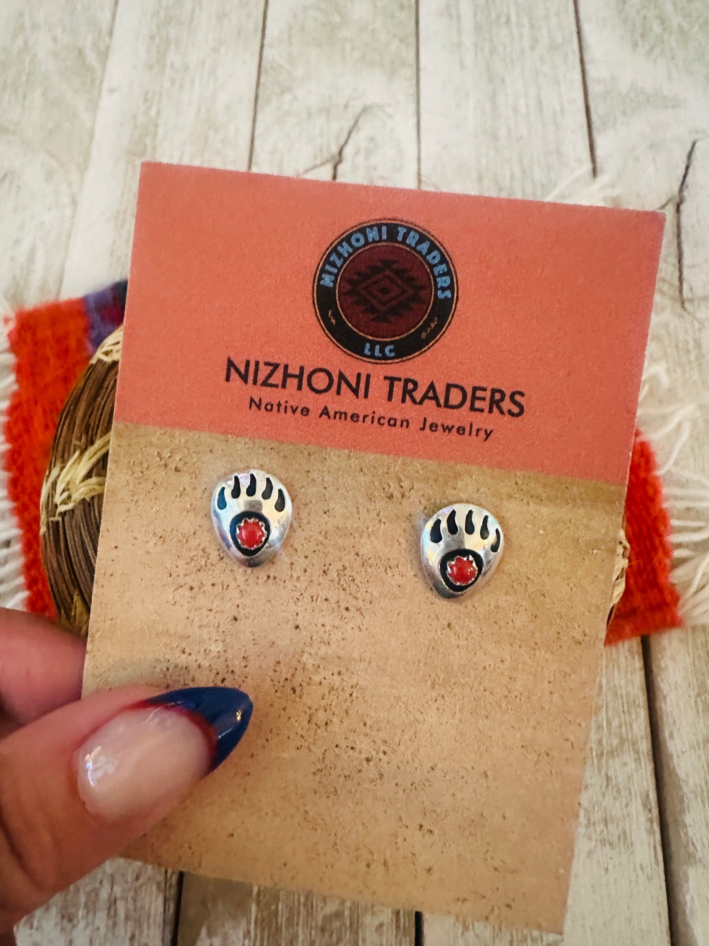 Navajo Coral & Sterling Silver Bear Paw Stud Earrings