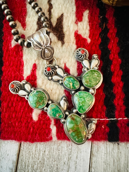 Navajo Turquoise, Coral and Sterling Silver Cactus Pendant by Charles Johnson