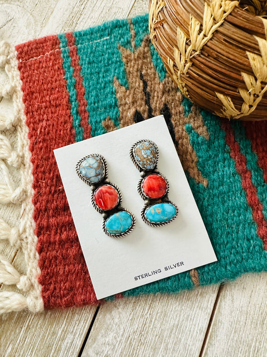 Navajo Orange Spiny, Turquoise and Sterling Silver Dangle Earrings