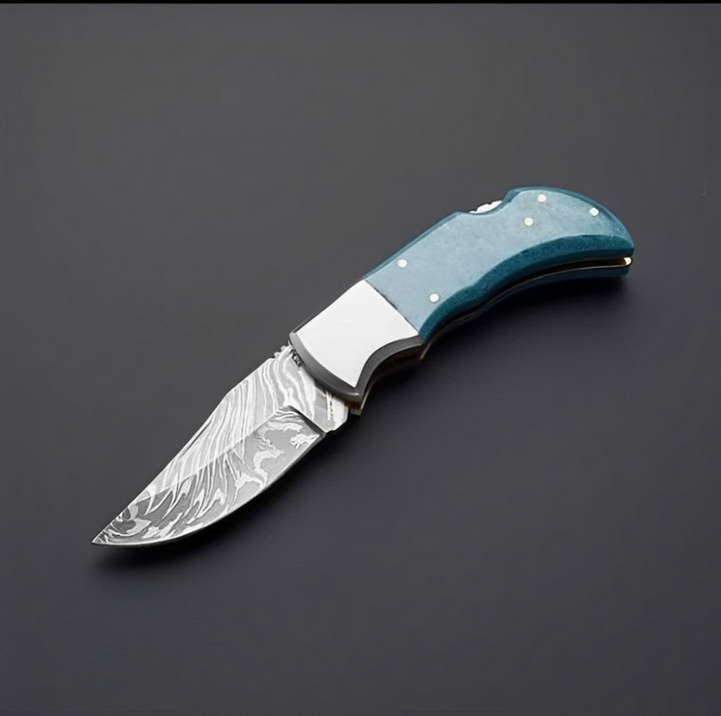 Damascus Knives for Sale | Custom Handmade Damascus Steel Pocket Knife with Turquoise Epoxy Handle | 2.5-Inch Blade by KBS Knives