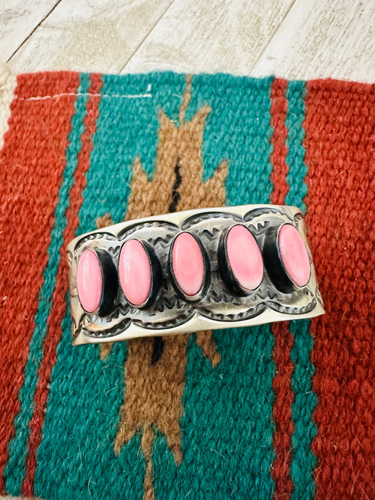 Navajo Sterling Silver & Queen Pink Conch Cuff Bracelet by Chimney Butte