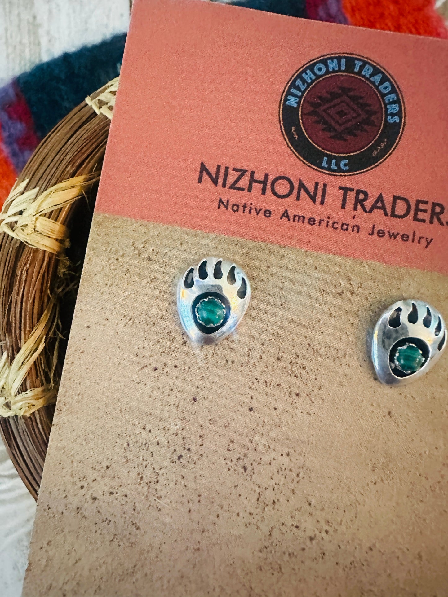 Navajo Malachite & Sterling Silver Bear Paw Stud Earrings