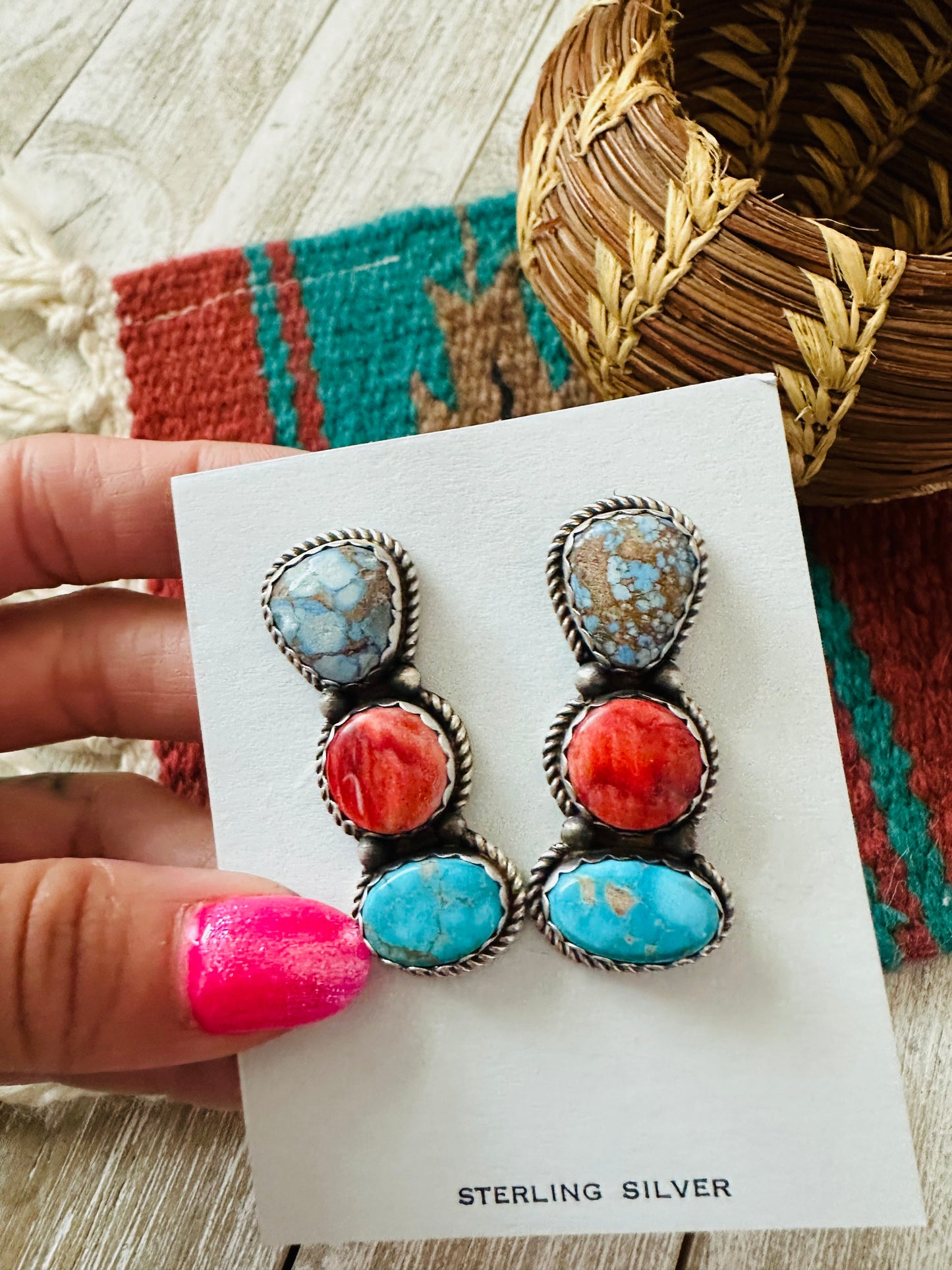 Navajo Orange Spiny, Turquoise and Sterling Silver Dangle Earrings