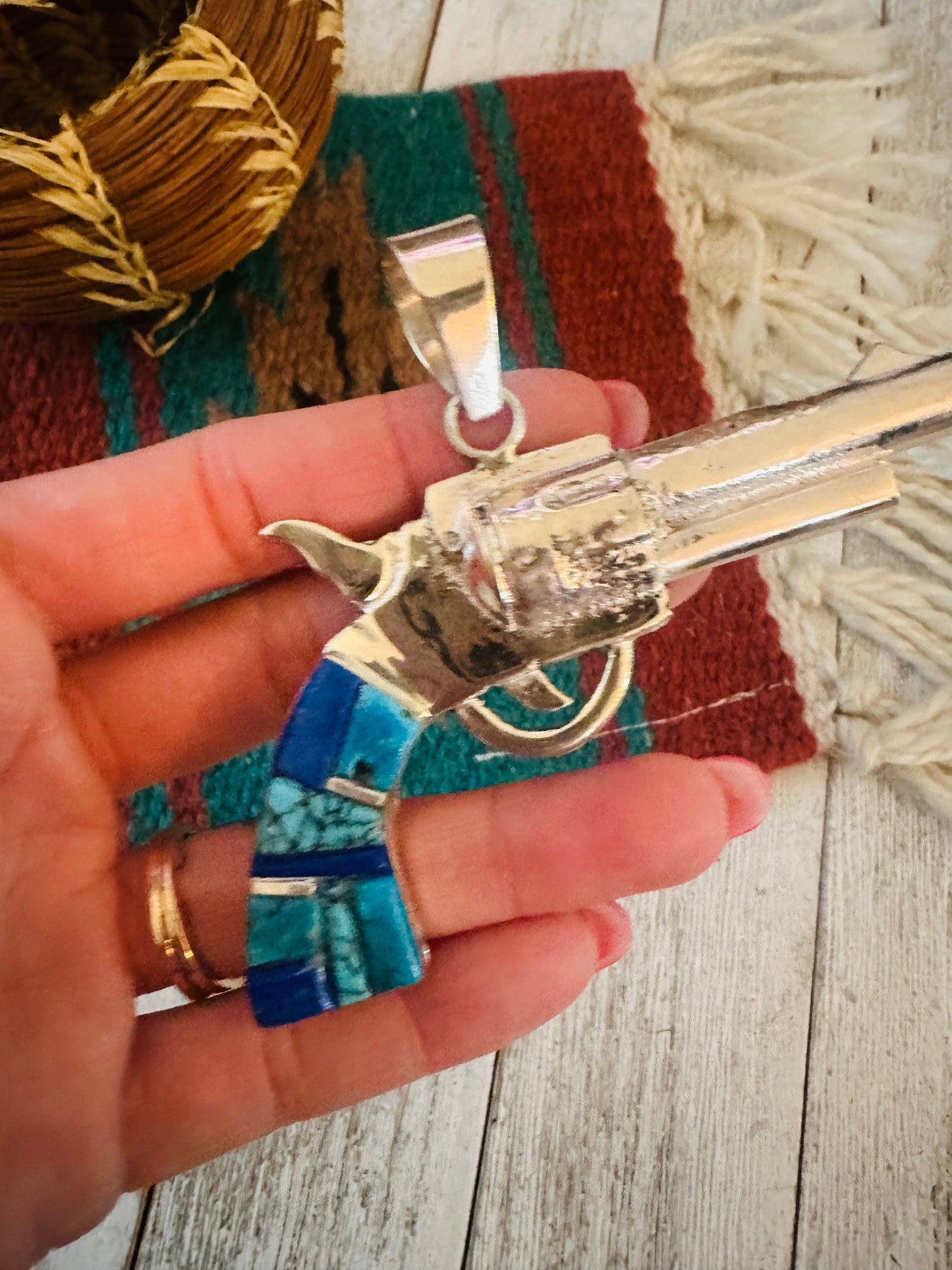 Navajo Sterling Silver & Turquoise Inlay Pistol Pendant