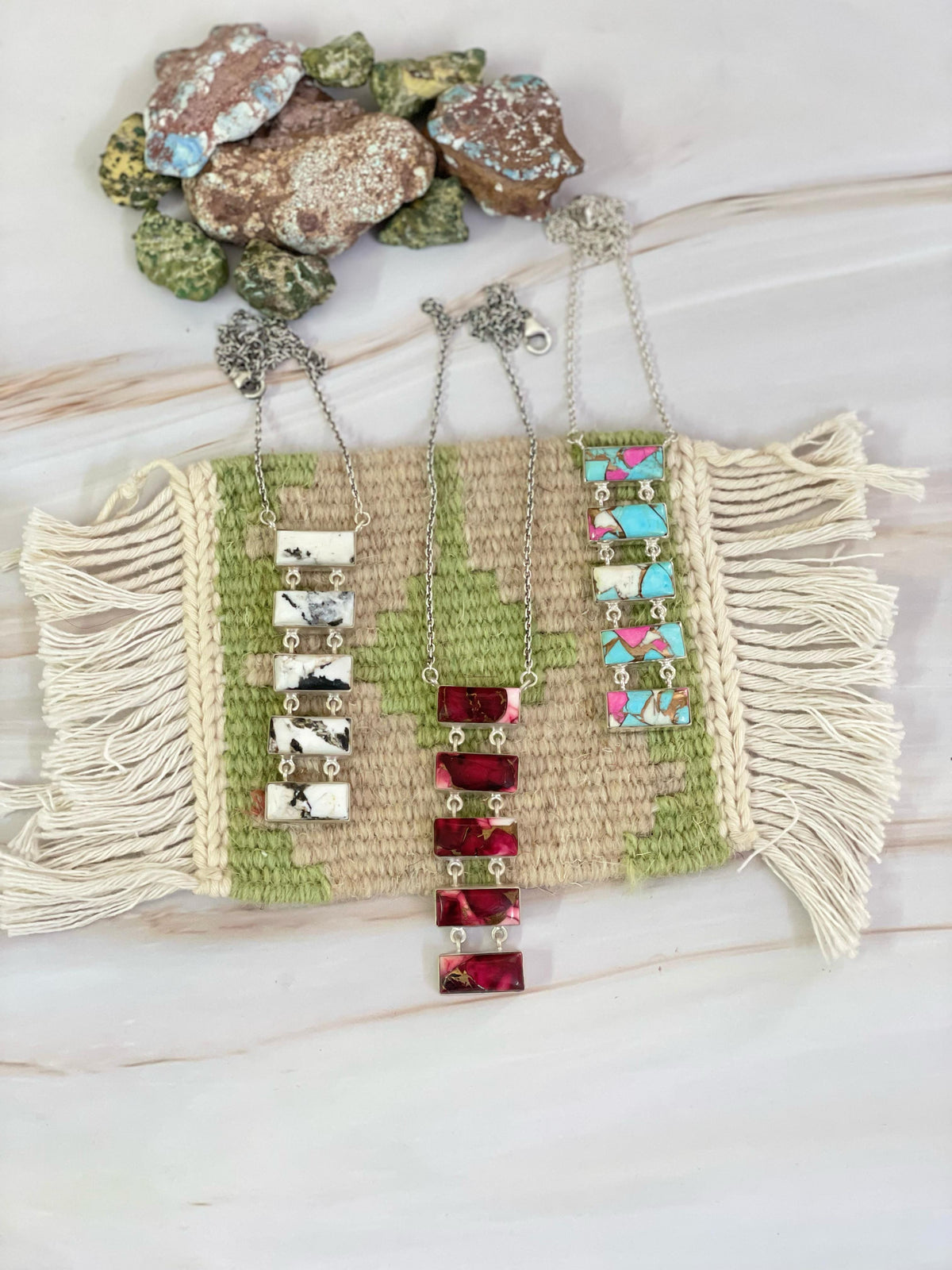 Handmade Sterling Silver Cotton Candy, White Buffalo, Red Rose Dahlia Necklace with Signed Nizhoni
