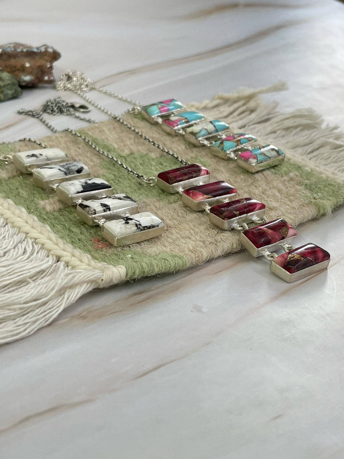 Handmade Sterling Silver Cotton Candy, White Buffalo, Red Rose Dahlia Necklace with Signed Nizhoni