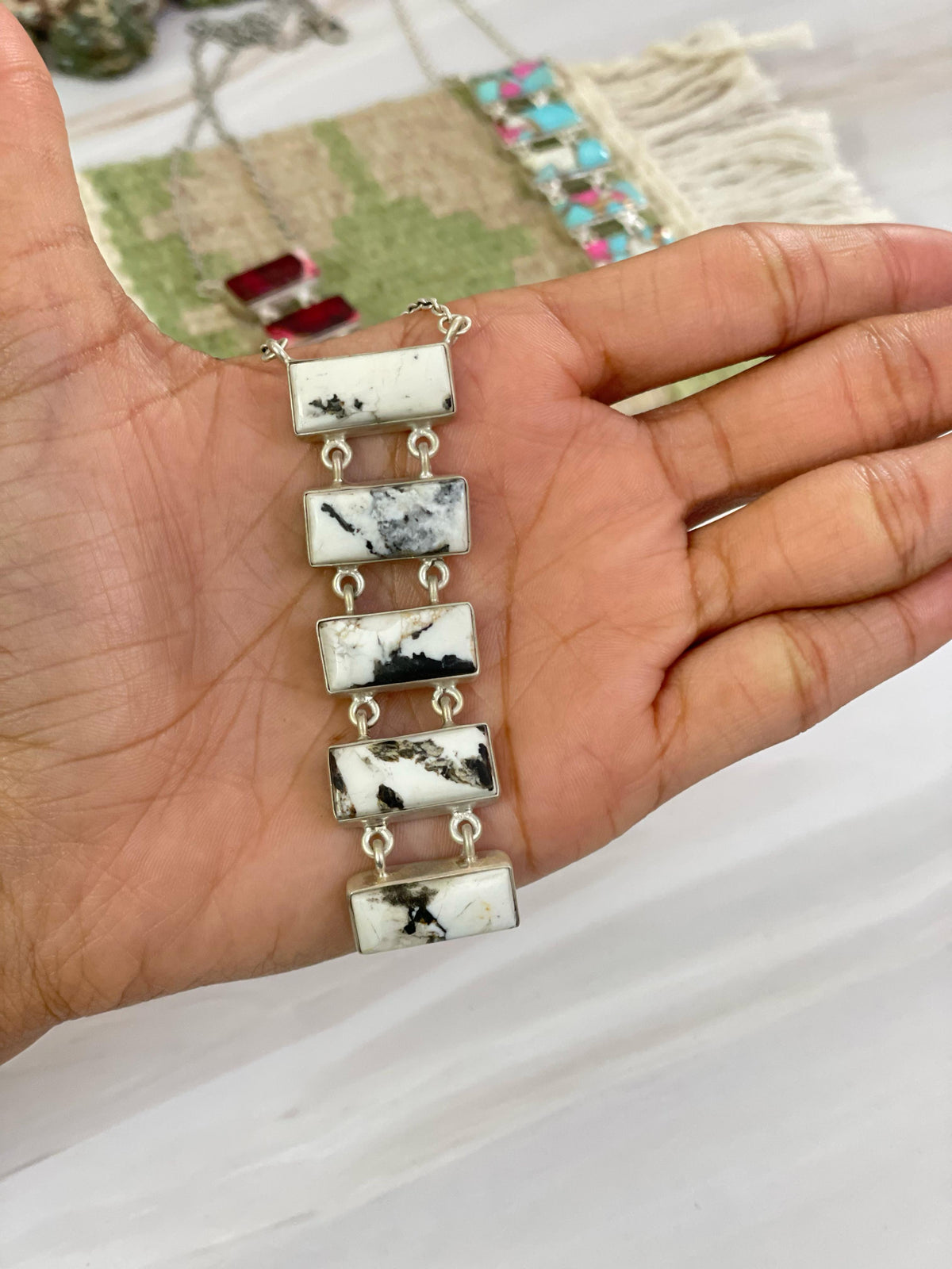 Handmade Sterling Silver Cotton Candy, White Buffalo, Red Rose Dahlia Necklace with Signed Nizhoni