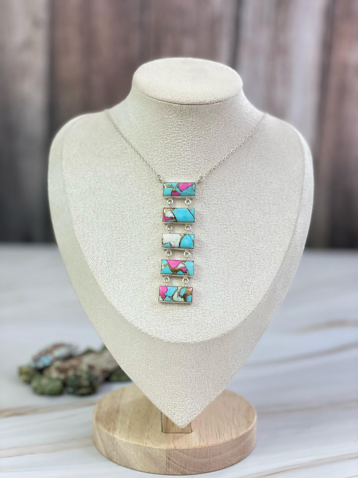 Handmade Sterling Silver Cotton Candy, White Buffalo, Red Rose Dahlia Necklace with Signed Nizhoni