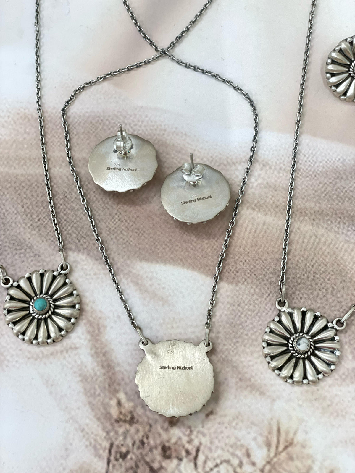 Handmade Sterling Silver Multi Stone Necklace Post Earring Set with Signed Nizhoni