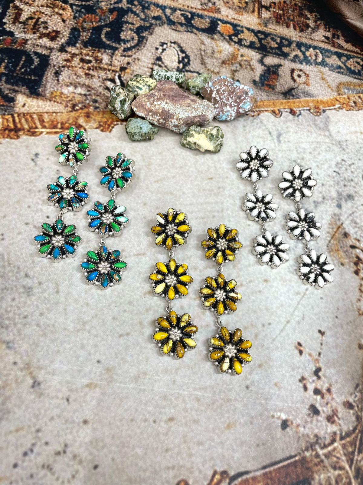 Handmade Flower Dream Sterling Silver Peacock Dahlia, Honey Dahlia, White Buffalo Turquoise Flower Earrings with Signed Nizhoni