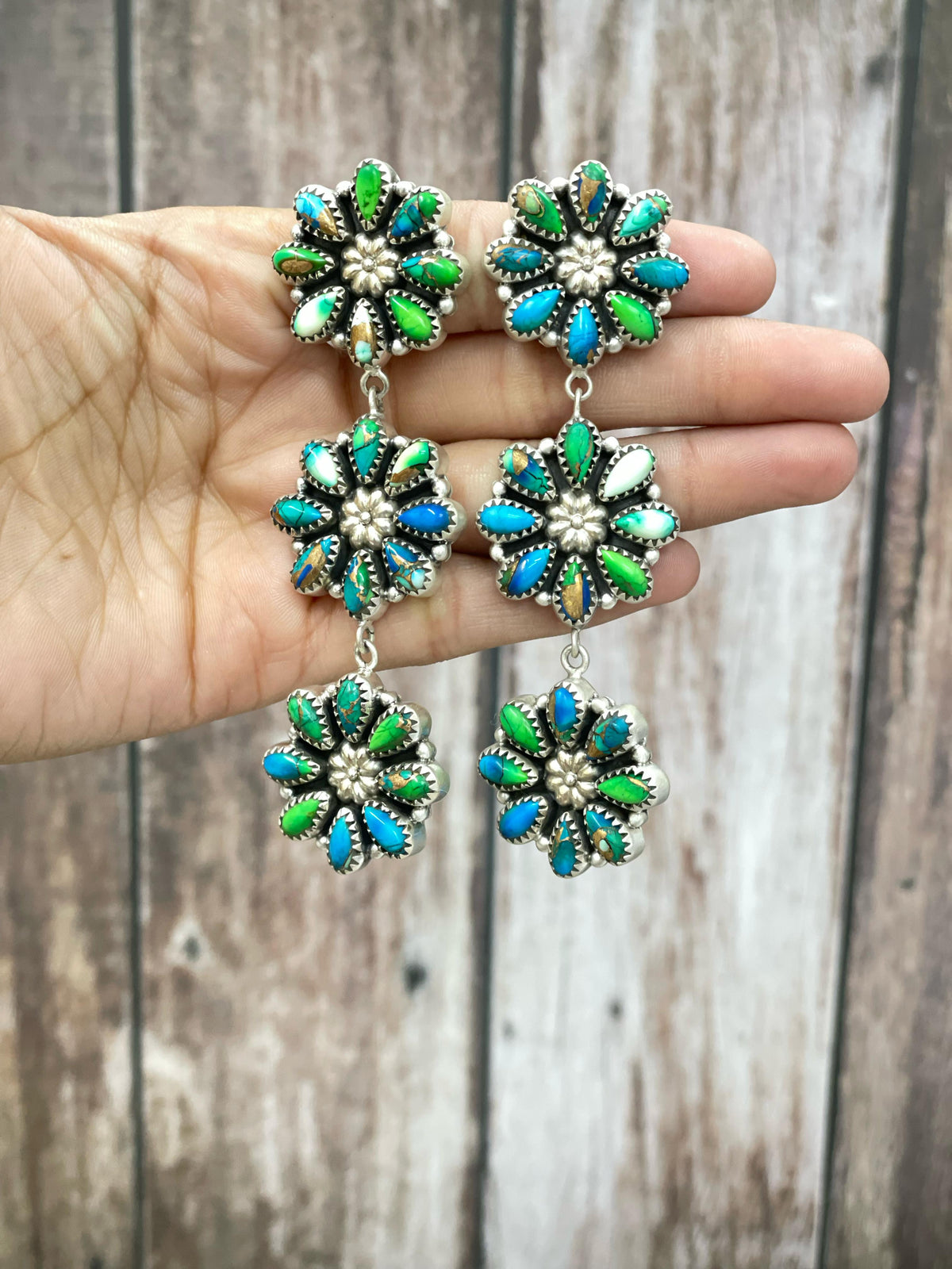 Handmade Flower Dream Sterling Silver Peacock Dahlia, Honey Dahlia, White Buffalo Turquoise Flower Earrings with Signed Nizhoni
