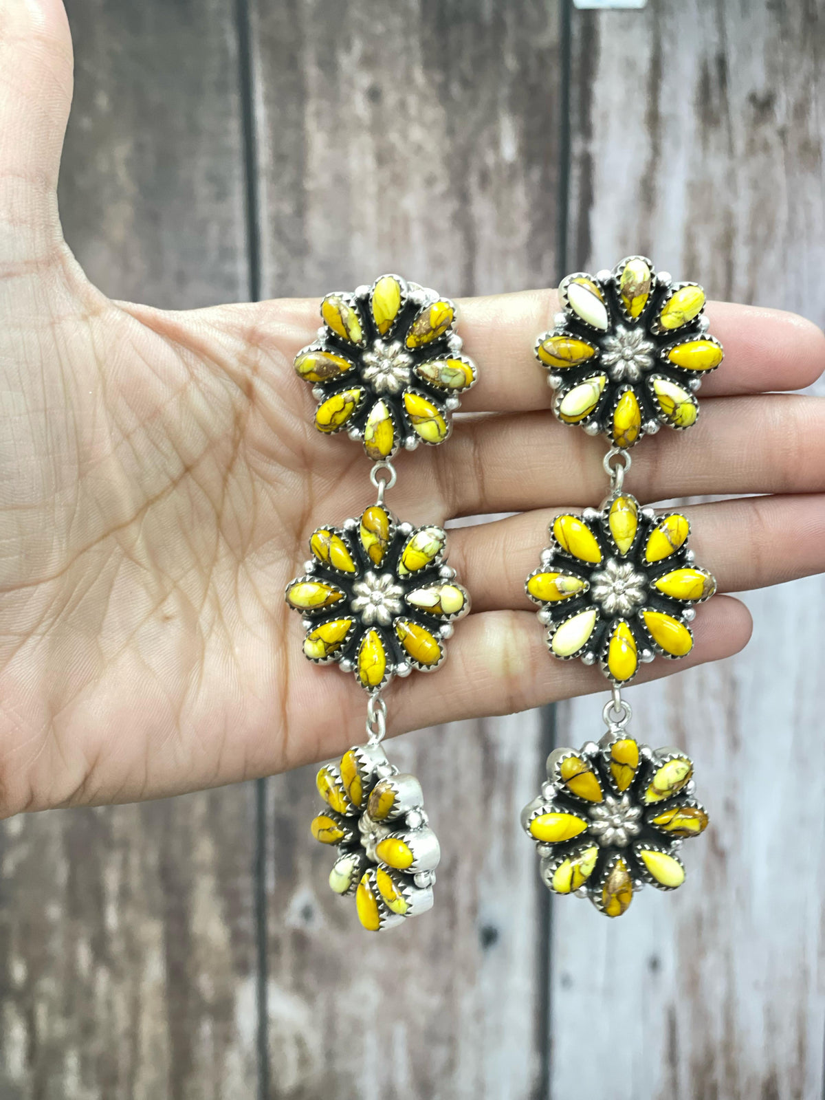 Handmade Flower Dream Sterling Silver Peacock Dahlia, Honey Dahlia, White Buffalo Turquoise Flower Earrings with Signed Nizhoni