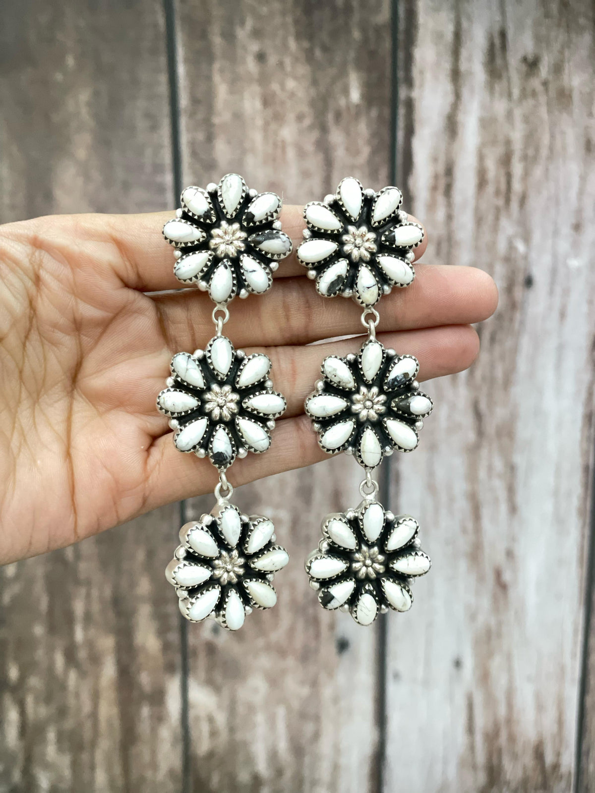 Handmade Flower Dream Sterling Silver Peacock Dahlia, Honey Dahlia, White Buffalo Turquoise Flower Earrings with Signed Nizhoni