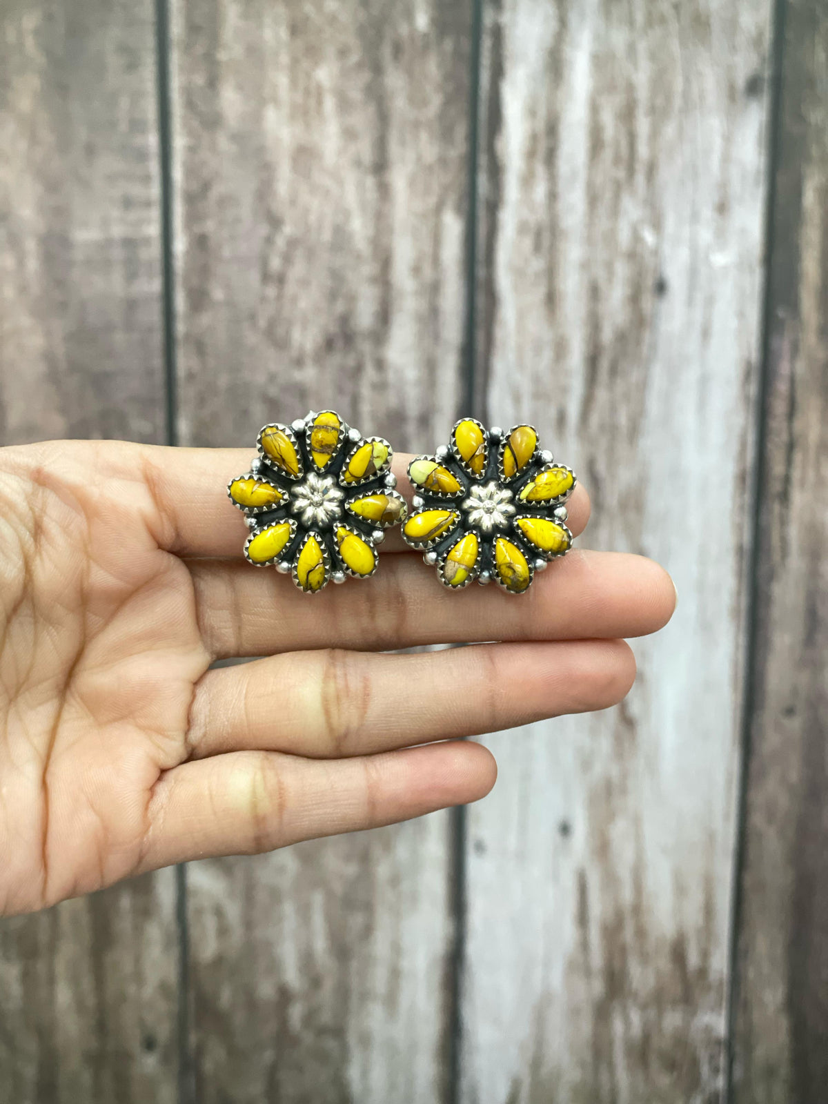 Handmade Sterling Silver White Buffalo, Honey Dahlia, Peacock Dahlia Flower Earrings with Signed Nizhoni