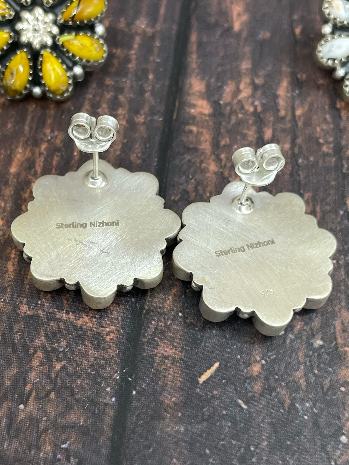Handmade Sterling Silver White Buffalo, Honey Dahlia, Peacock Dahlia Flower Earrings with Signed Nizhoni