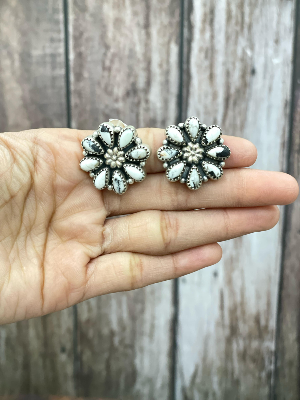 Handmade Sterling Silver White Buffalo, Honey Dahlia, Peacock Dahlia Flower Earrings with Signed Nizhoni