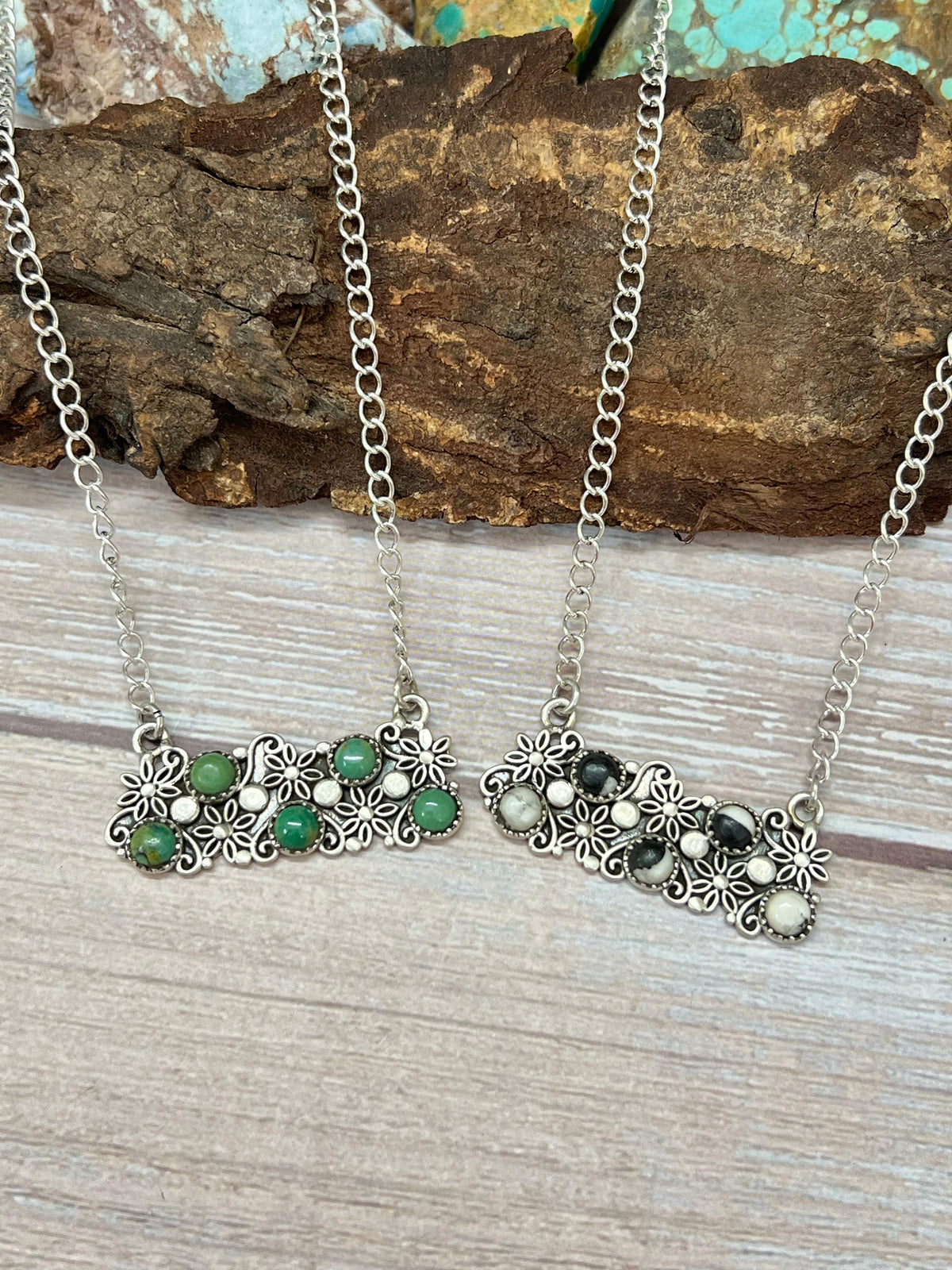 Handmade Sterling Silver Kingman Turquoise, White Buffalo Necklace with Signed Nizhoni