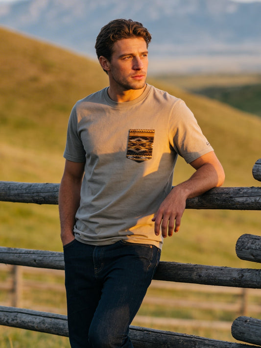 Flying R Ranchwear - Southwest Stripe Print - Tan Pocket T-shirt - Made in USA