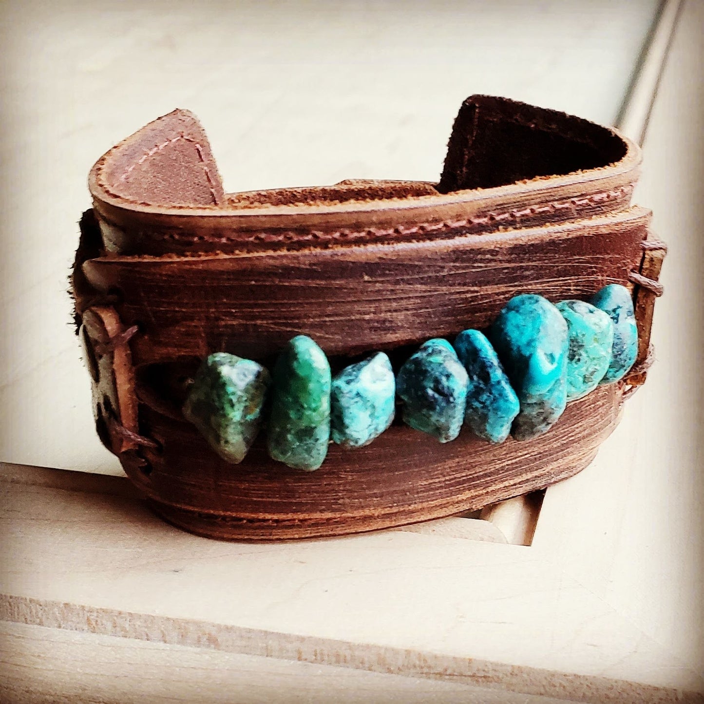 Genuine Leather Wide Cuff Bracelet w/ Large Natural Turquoise Chunks 007u
