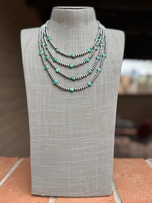 Handcrafted Kingman Turquoise &  Sterling Silver Heart 4mm Beaded Necklace