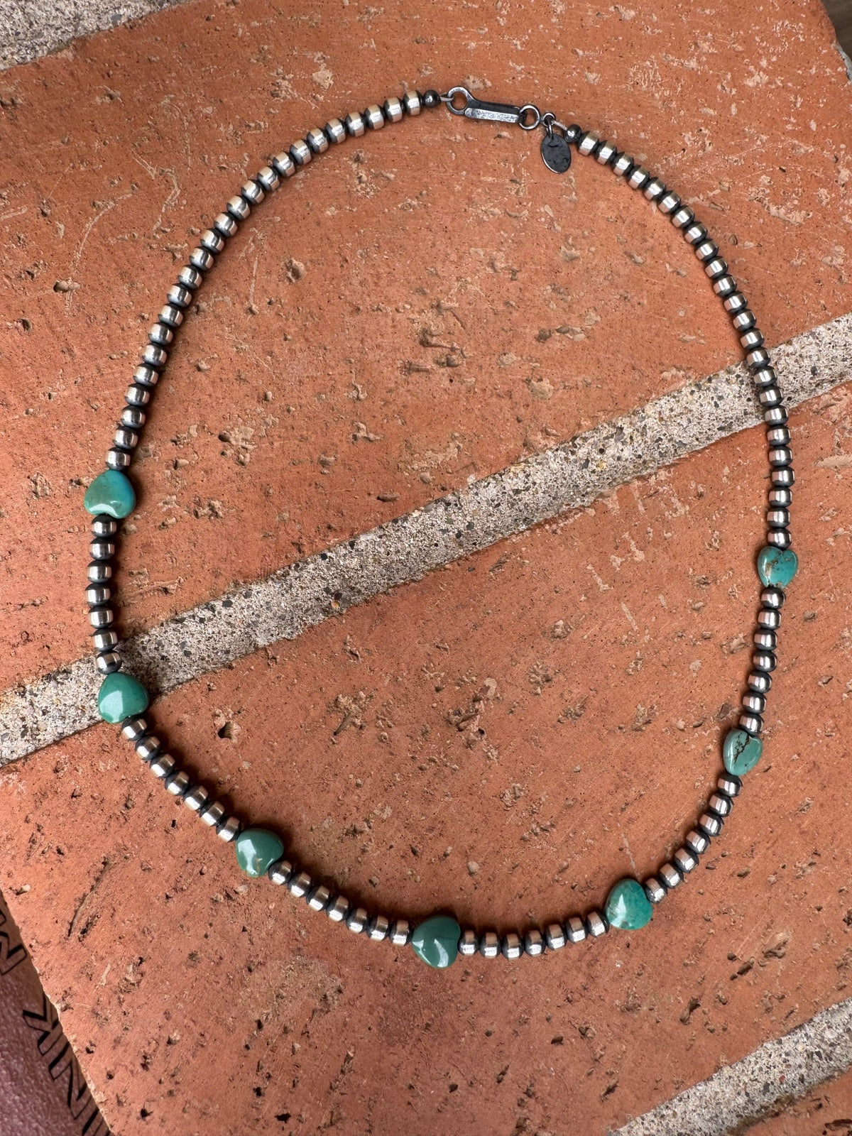 Handcrafted Kingman Turquoise &  Sterling Silver Heart 4mm Beaded Necklace