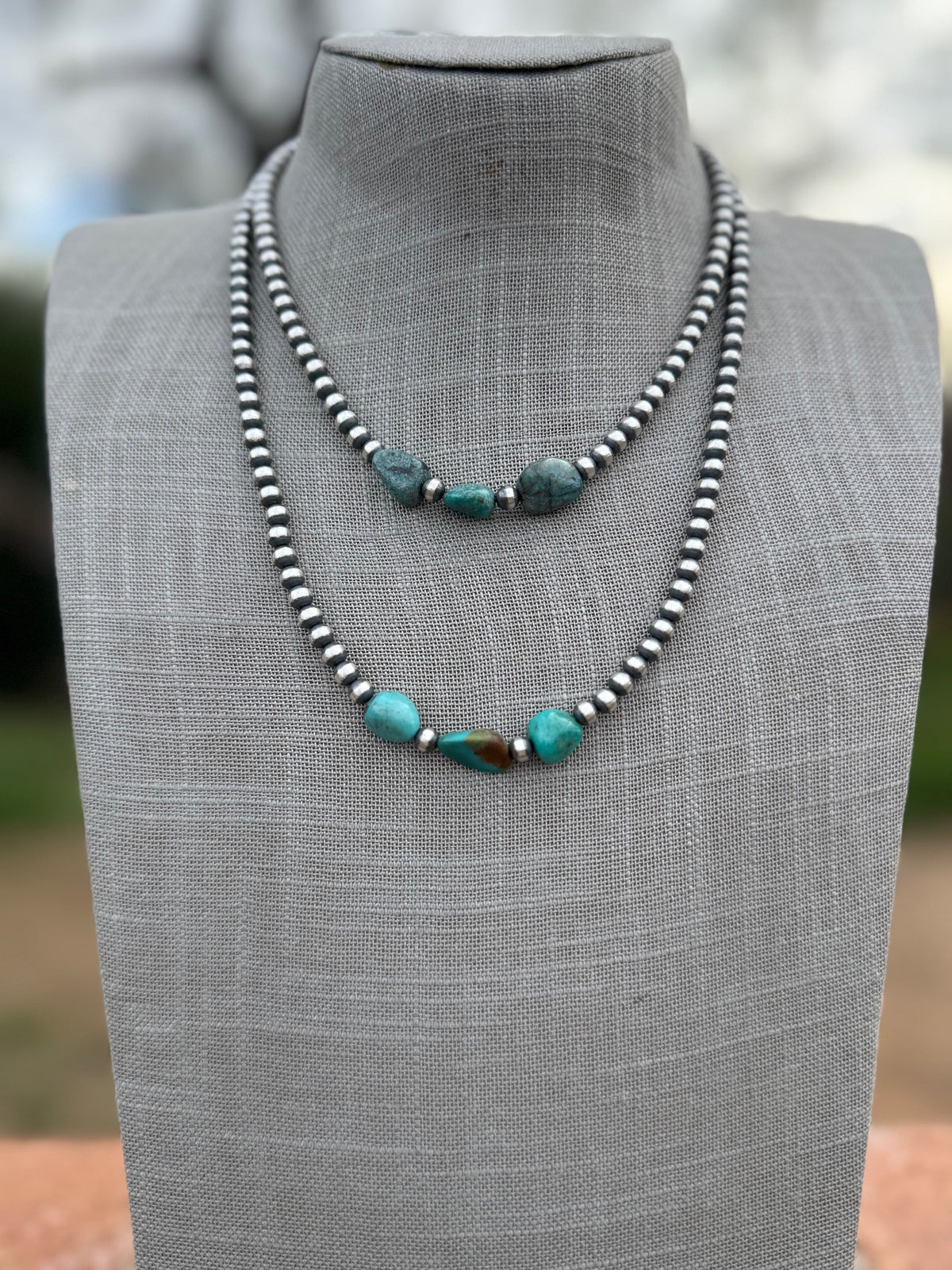 Handcrafted Kingman Turquoise & Sterling Silver 5mm Beaded Necklace