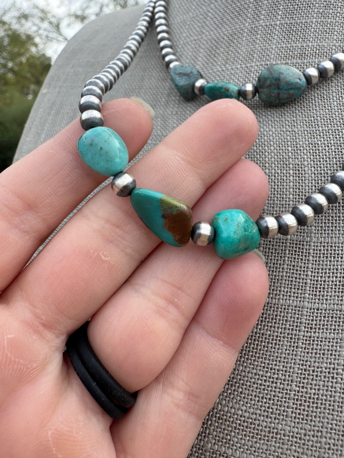 Handcrafted Kingman Turquoise & Sterling Silver 5mm Beaded Necklace