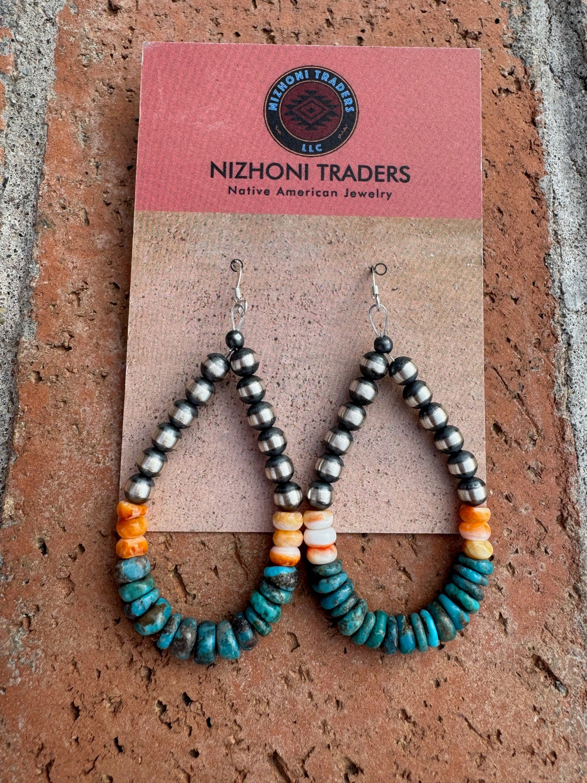 Handcrafted Kingman Turquoise & Spiny Oyster Beaded Dangle Wire Earrings
