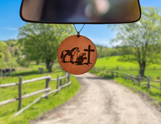 Praying Cowboy Leather Car Freshener