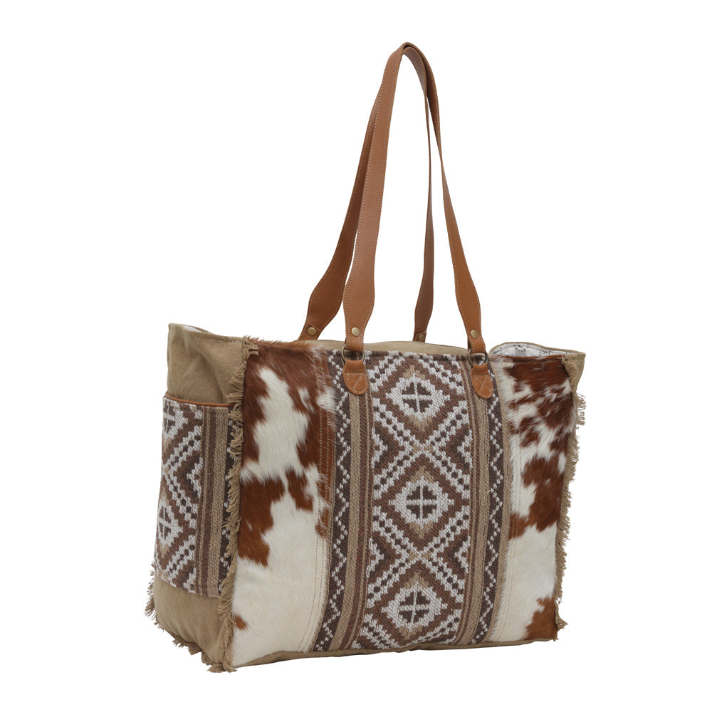 Myra Elisa Leather Weekender Bag - Spacious Cowhide Travel Tote with Tribal Woven Panel and Dual Shoulder Straps