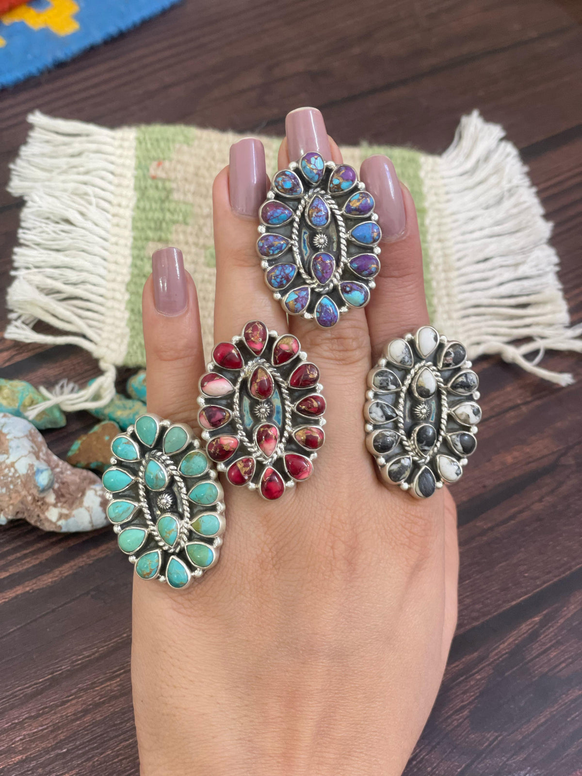 Handmade Sterling Silver Red Rose Dahlia, White Buffalo, Kingman, Purple Copper Turquoise Adjustable Rings, Signed Nizhoni