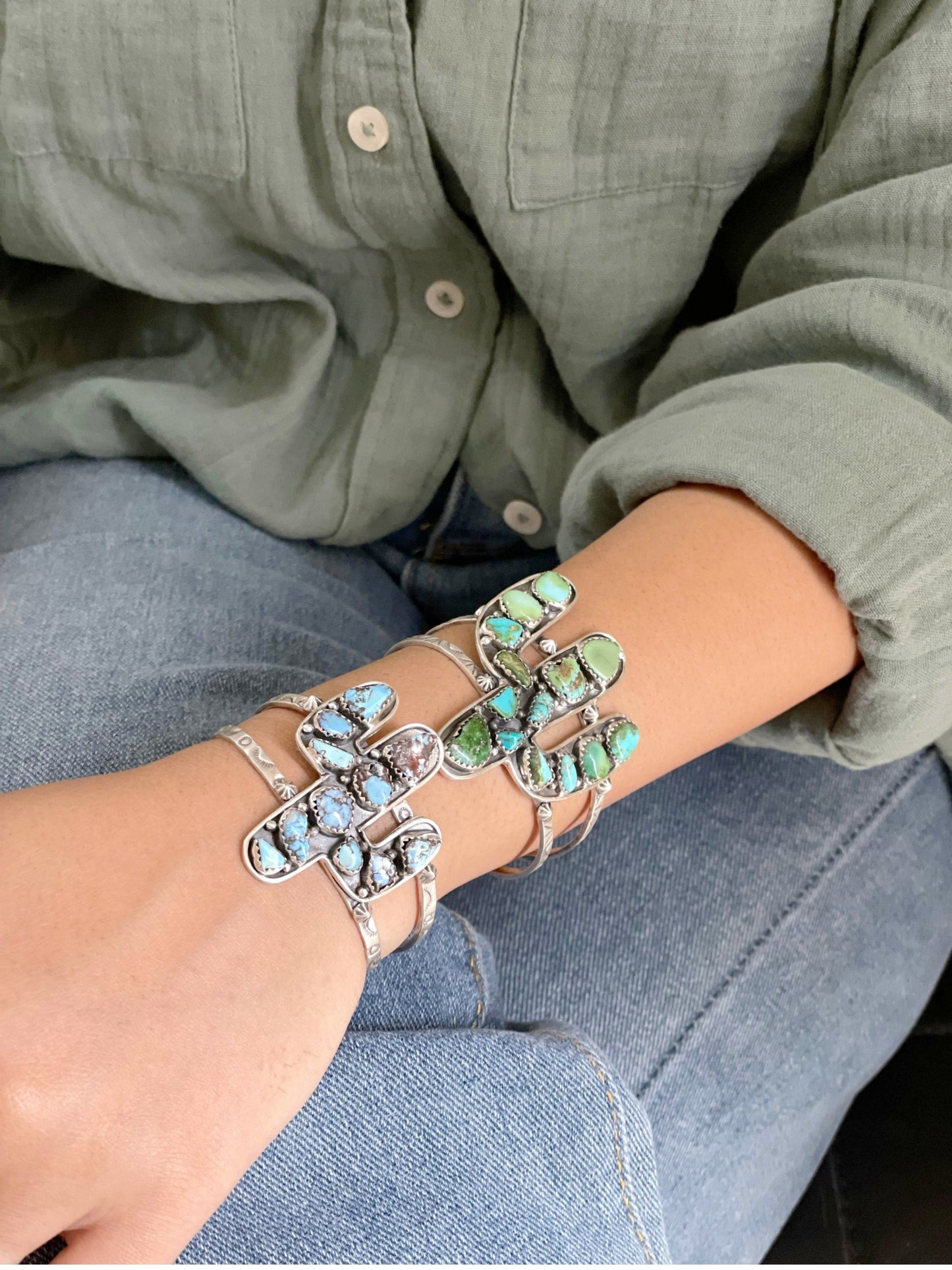 Handmade Sterling Silver Golden Hill, Sonoran Mountain Turquoise Cactus Bracelet with Signed Nizhoni