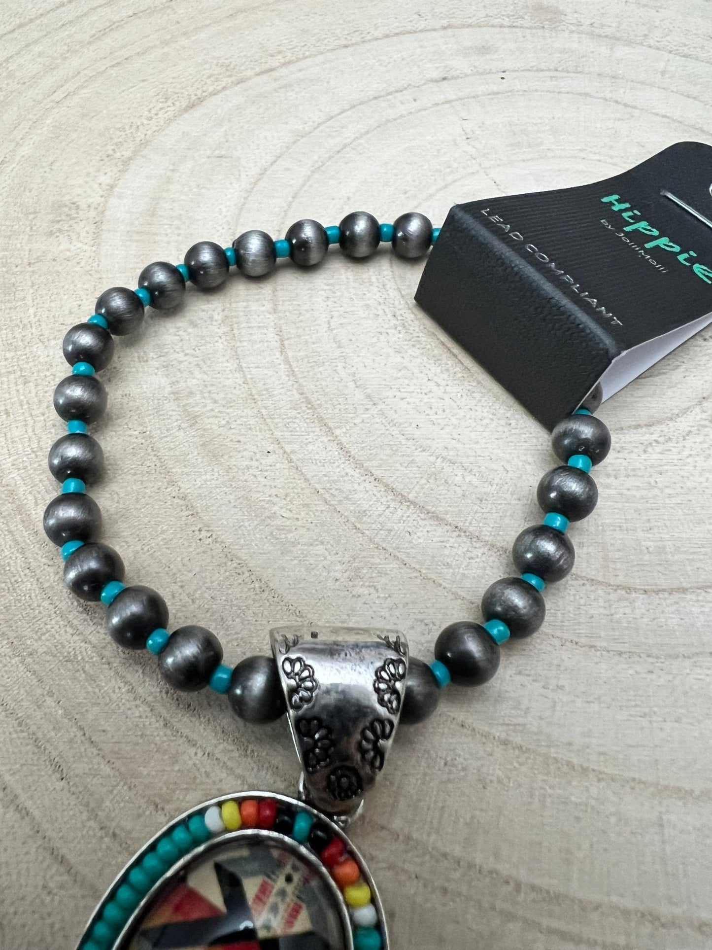 Aztec Pendant with Seed Bead and Faux Pearl and Turquoise Stretch Bracelet