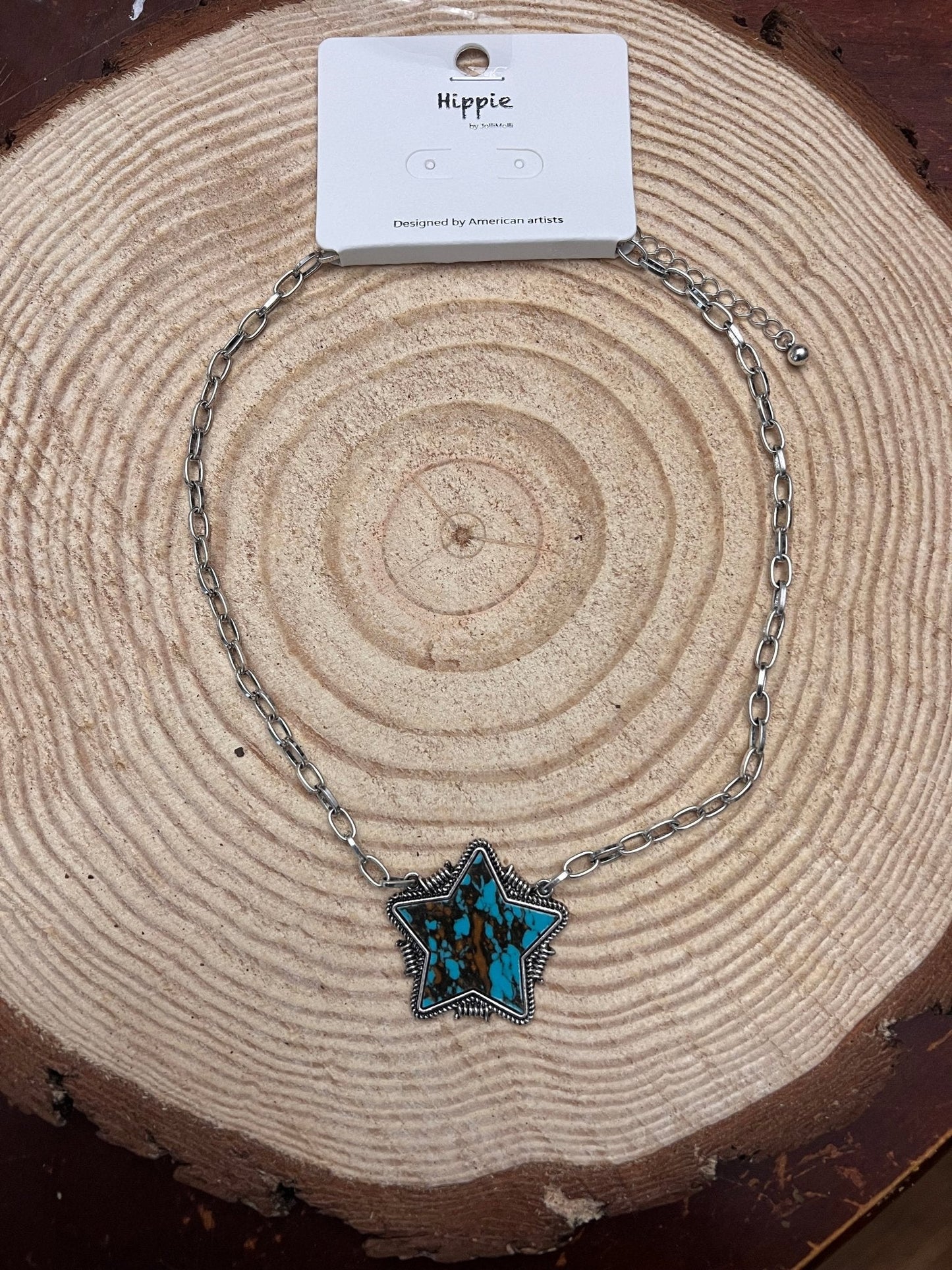 Barbed Star Shaped Faux Turquoise Pendant Necklace - 18 inch + 3