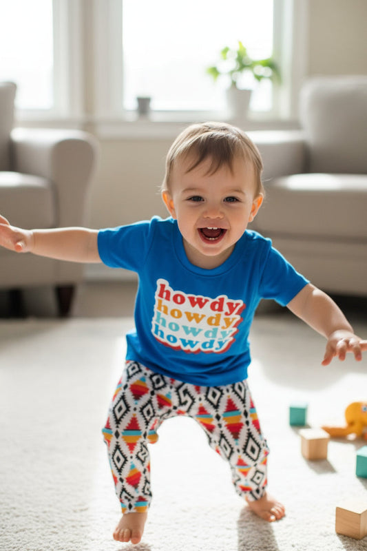 Retro Howdy Kids Western Outfit | Fall Aztec Leggings + T-Shirt Set | Baby Toddler Cowboy Outfit | Christmas Gift for Boys or Girls