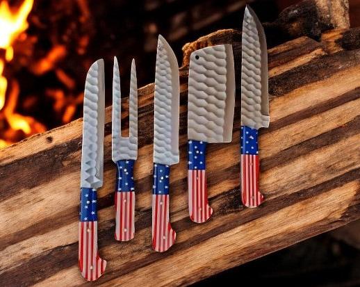 Custom Handmade Professional Chef Knives Set with Case – American Flag Handles
