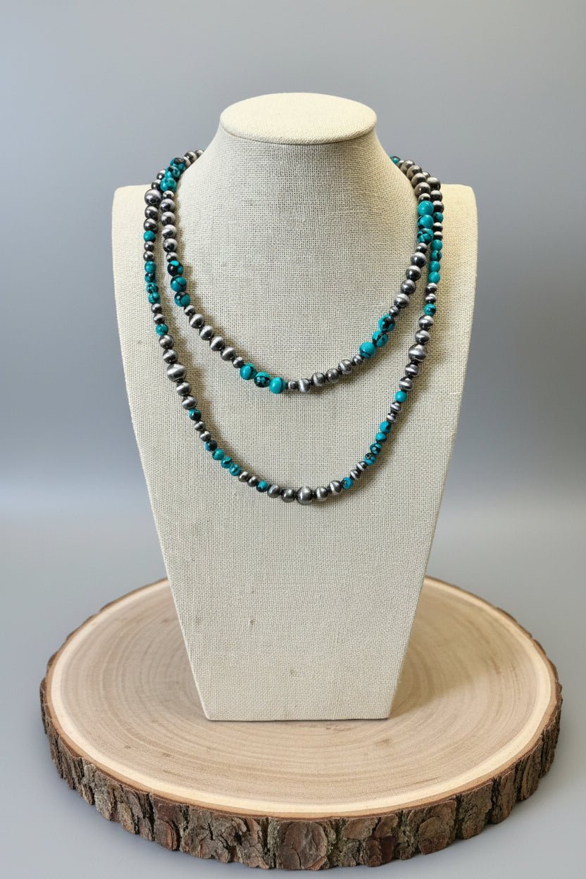 Desert Dream: Layered Western Fashion Pearl & Faux Turquoise Necklace Set (18" & 22")