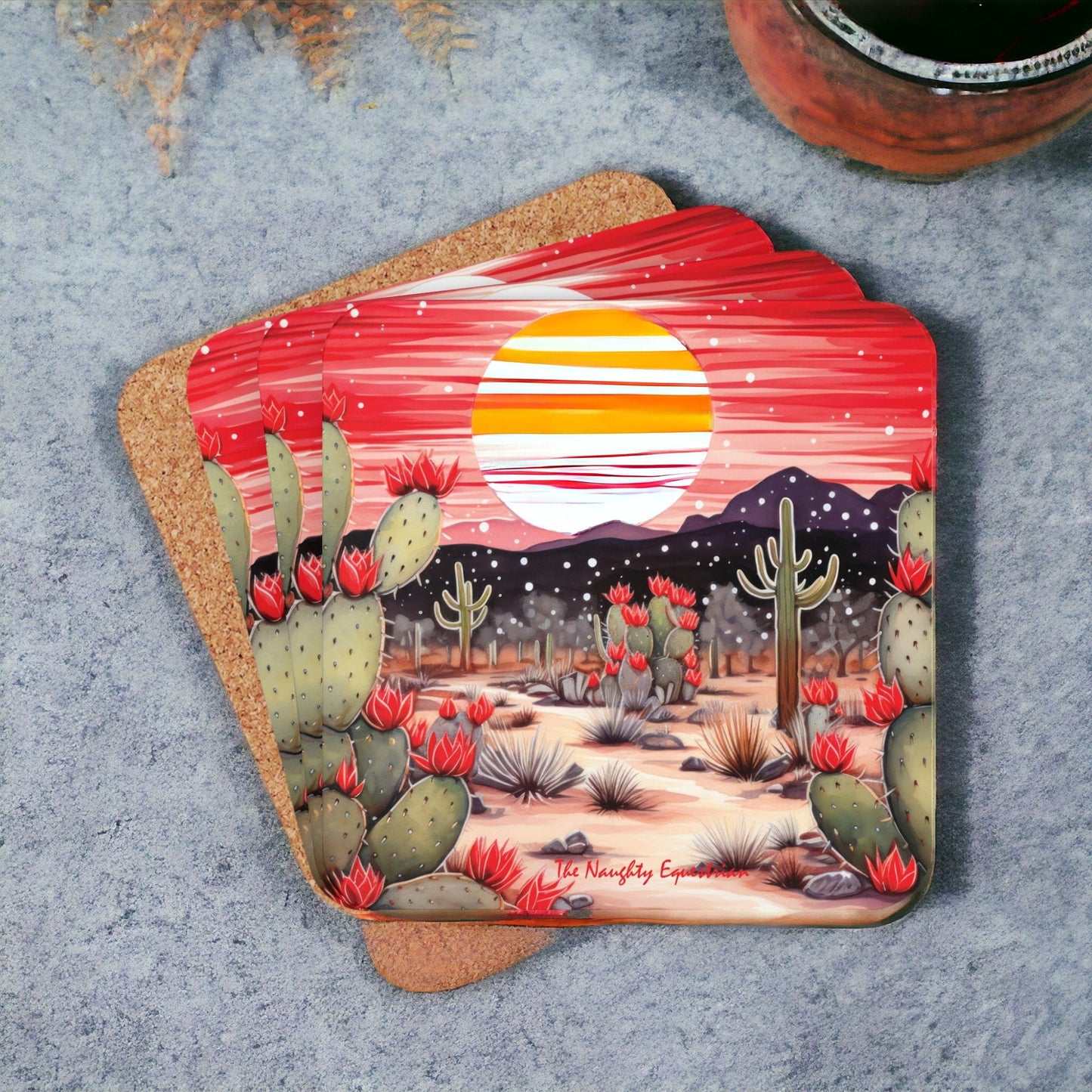 Sunset Blooms: Radiant Cactus Coaster Set