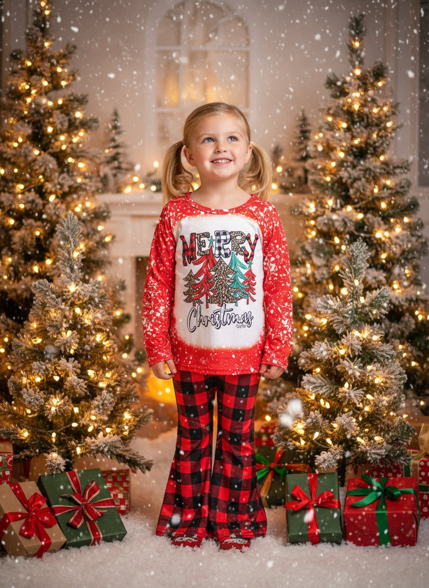Girls' Christmas Outfit: Buffalo Plaid Bell Bottoms & Holiday Shirt