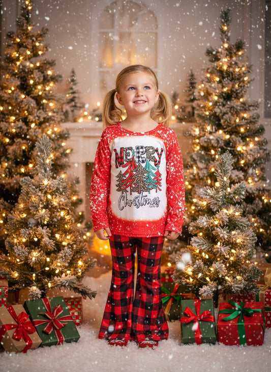 Girls' Christmas Outfit: Buffalo Plaid Bell Bottoms & Holiday Shirt